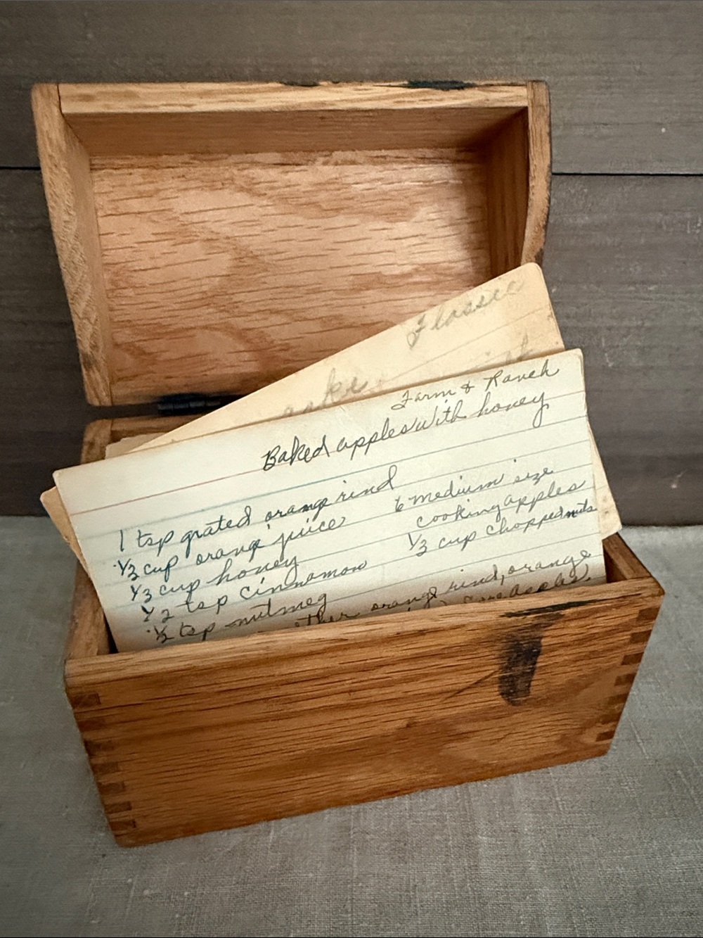 Antique Wooden Recipe Box with Handwritten Recipes